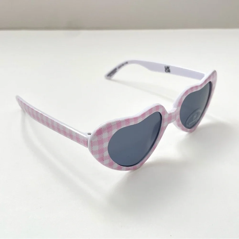 Girls Heart Shape Sunglasses with Pink White Checker Pattern - Ado…